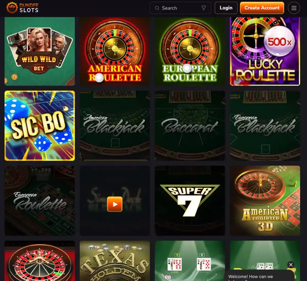 DundeeSlots Casino desktop live casino games collection screenshot displaying available live tables, dealers and categories - tested DundeeSlots Casino desktop live casino games collection screenshot displaying available live tables, dealers and categories - tested