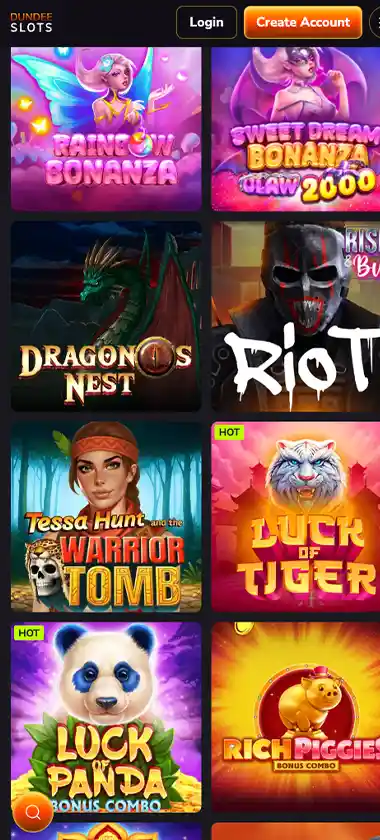 DundeeSlots Casino mobile slots variety screenshot displaying featured slots, categories and touch-optimized navigation - tested DundeeSlots Casino mobile slots variety screenshot displaying featured slots, categories and touch-optimized navigation - tested