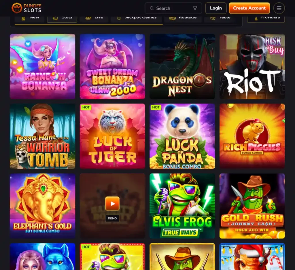 DundeeSlots Casino desktop slots variety screenshot displaying featured slots, game categories and filtering options - tested DundeeSlots Casino desktop slots variety screenshot displaying featured slots, game categories and filtering options - tested