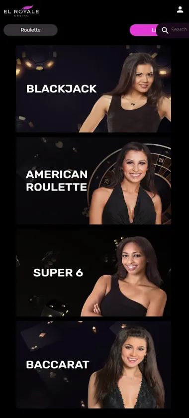 El Royale Casino mobile live dealer games collection screenshot displaying available live tables and categories - tested
