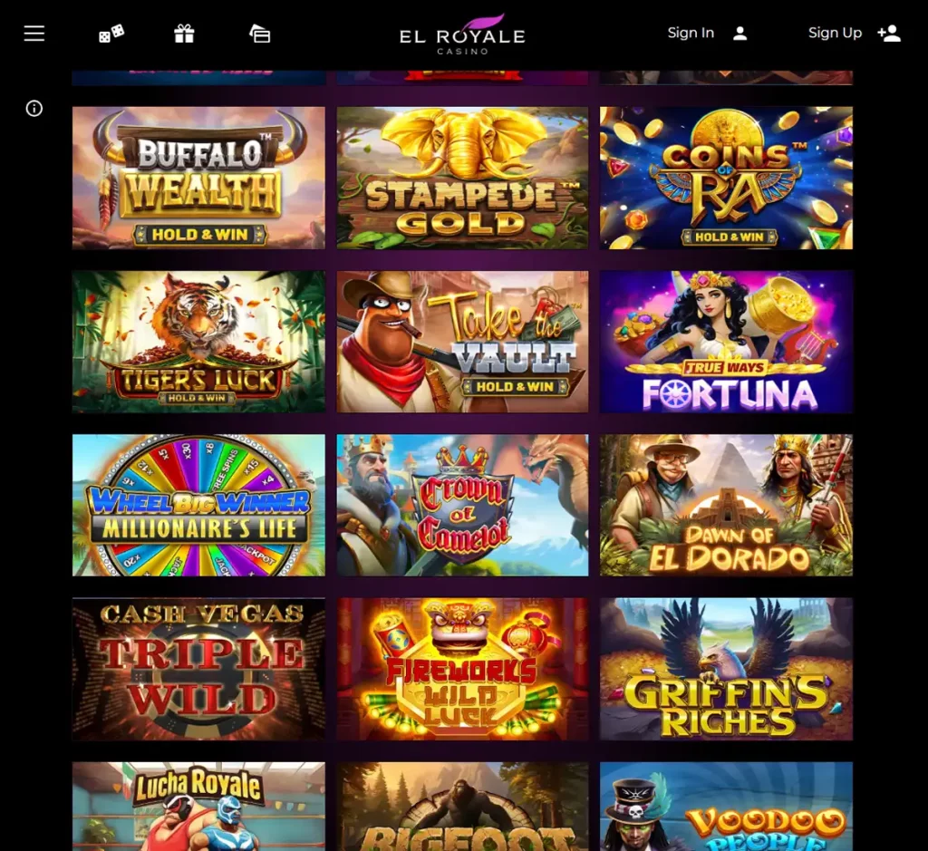El Royale Casino desktop slots variety screenshot showing multiple slot categories, featured games and provider filters - tested