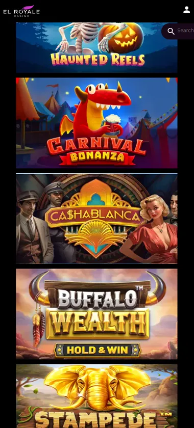 El Royale Casino mobile slots variety screenshot displaying featured slots, categories and touch-optimized navigation - tested