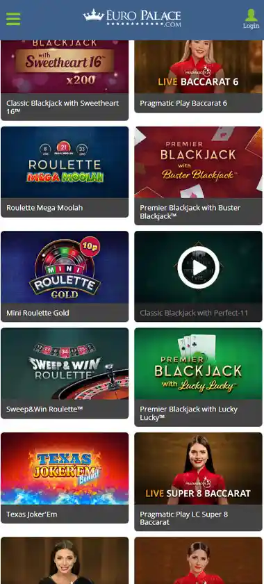 Europalace Casino mobile live dealer games collection screenshot displaying available live tables and categories with mobile-friendly interface/navigation - tested Europalace Casino mobile live dealer games collection screenshot displaying available live tables and categories with mobile-friendly interface/navigation - tested