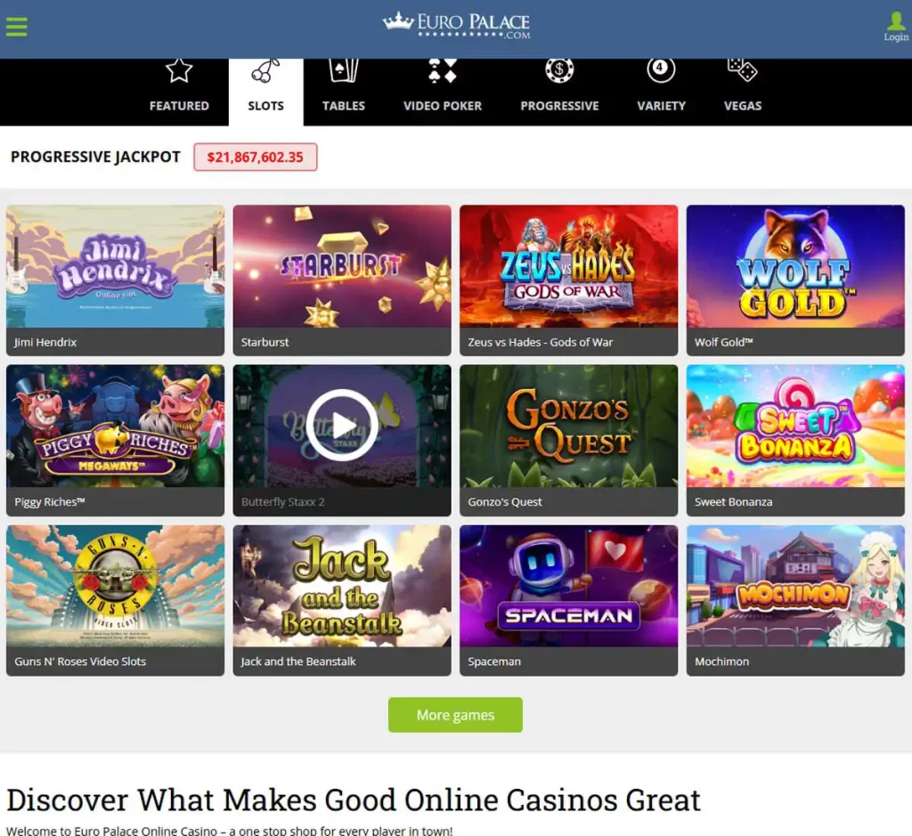 Europalace Casino desktop slot screenshot showing multiple slot categories, featured games and provider filters - tested