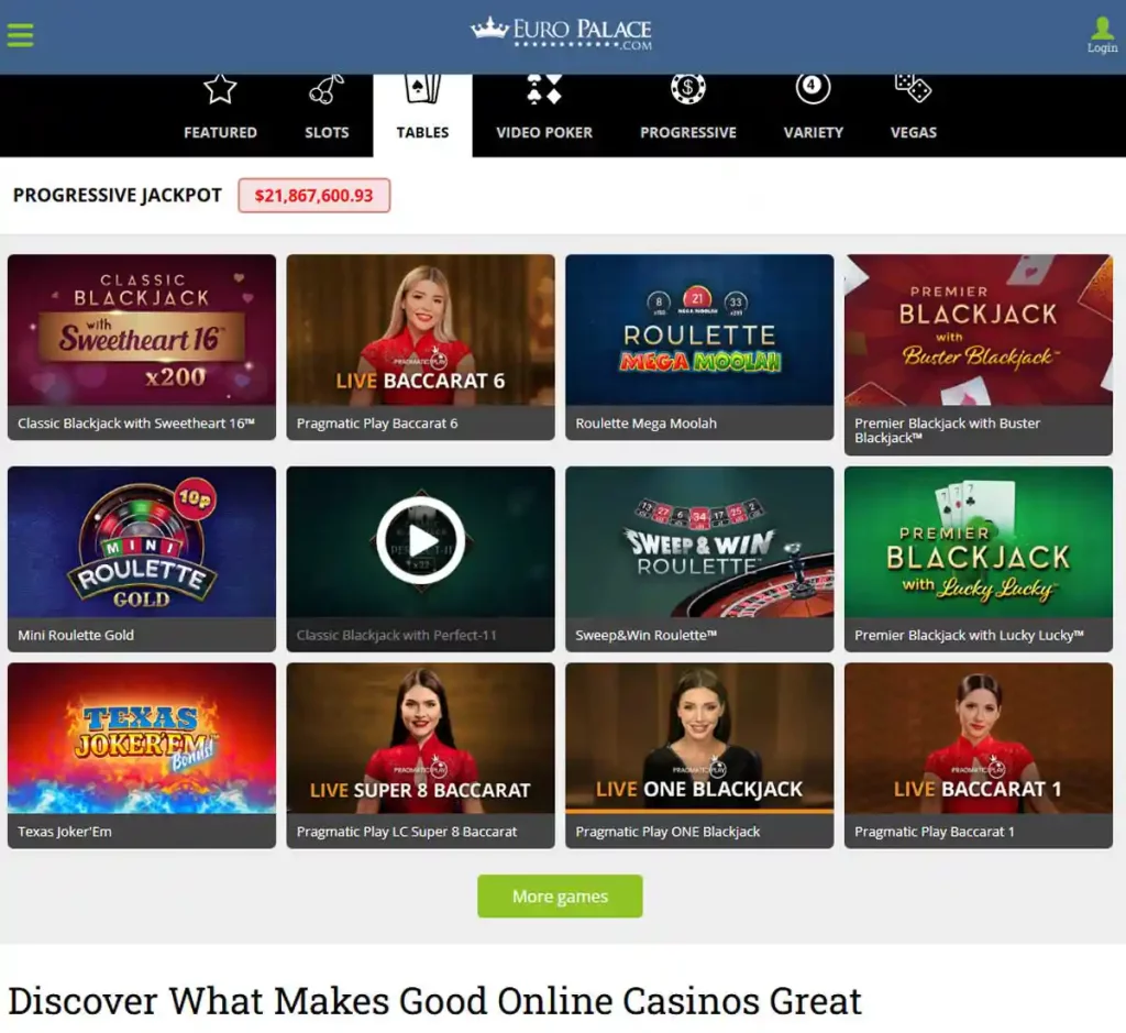 Europalace Casino desktop table games collection screenshot showing various table games, categories and provider filters - tested