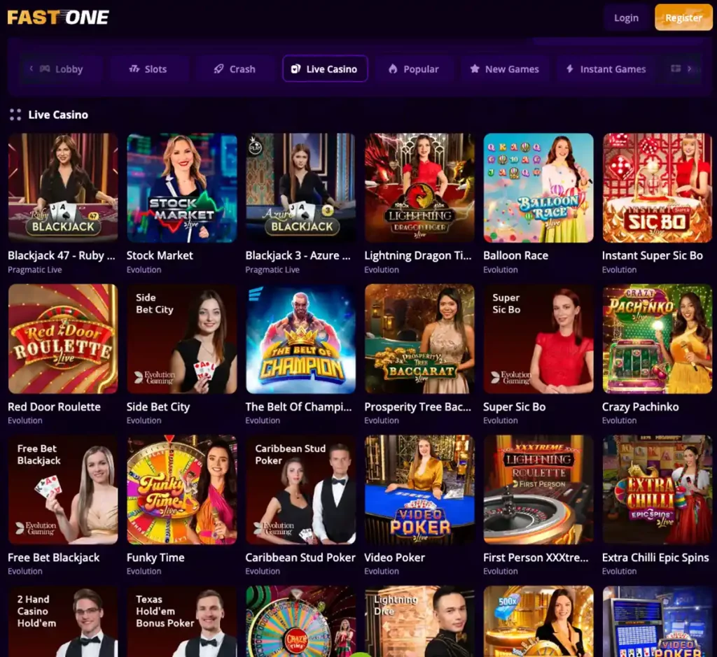 FastOne Casino desktop live casino screenshot displaying real-dealer tables including roulette, blackjack and baccarat with lobby navigation and betting interface - tested FastOne Casino desktop live casino screenshot displaying real-dealer tables including roulette, blackjack and baccarat with lobby navigation and betting interface - tested