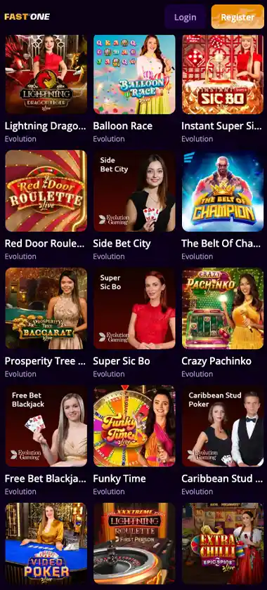 FastOne Casino mobile live casino screenshot displaying live dealer tables including roulette, blackjack and baccarat with mobile lobby navigation and betting interface - tested