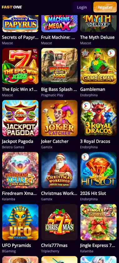 FastOne Casino mobile new games screenshot showing recently added titles, release badges and quick-play buttons in the mobile lobby - tested