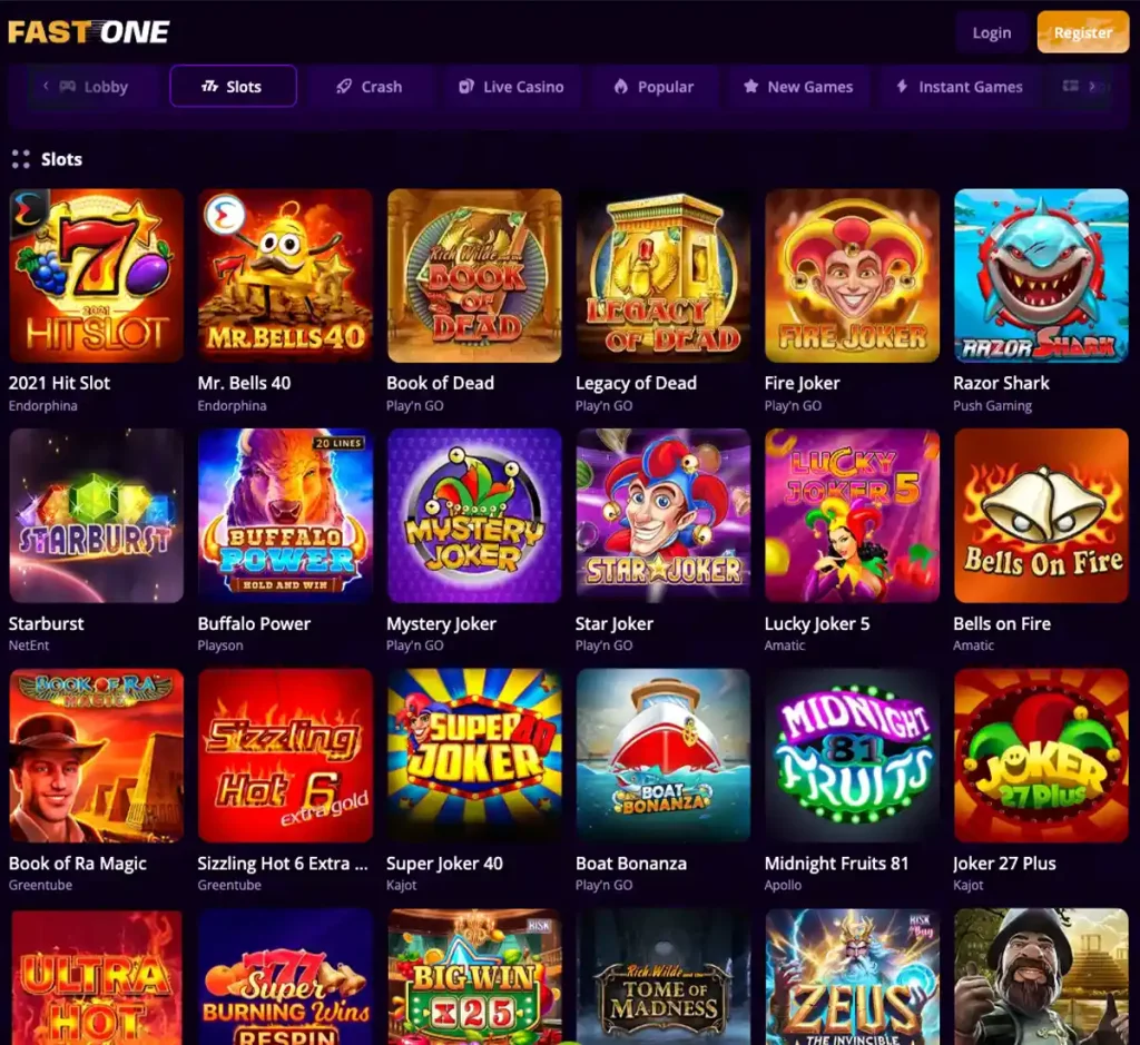 FastOne Casino desktop slots screenshot showing slot categories, featured titles and game providers in the casino lobby - tested FastOne Casino desktop slots screenshot showing slot categories, featured titles and game providers in the casino lobby - tested