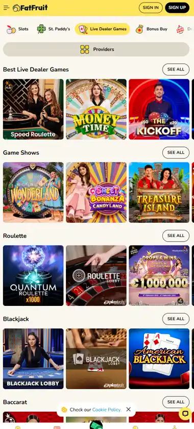 FatFruit Casino mobile live dealer games collection screenshot displaying available live tables and categories with mobile-friendly interface/navigation - tested FatFruit Casino mobile live dealer games collection screenshot displaying available live tables and categories with mobile-friendly interface/navigation - tested