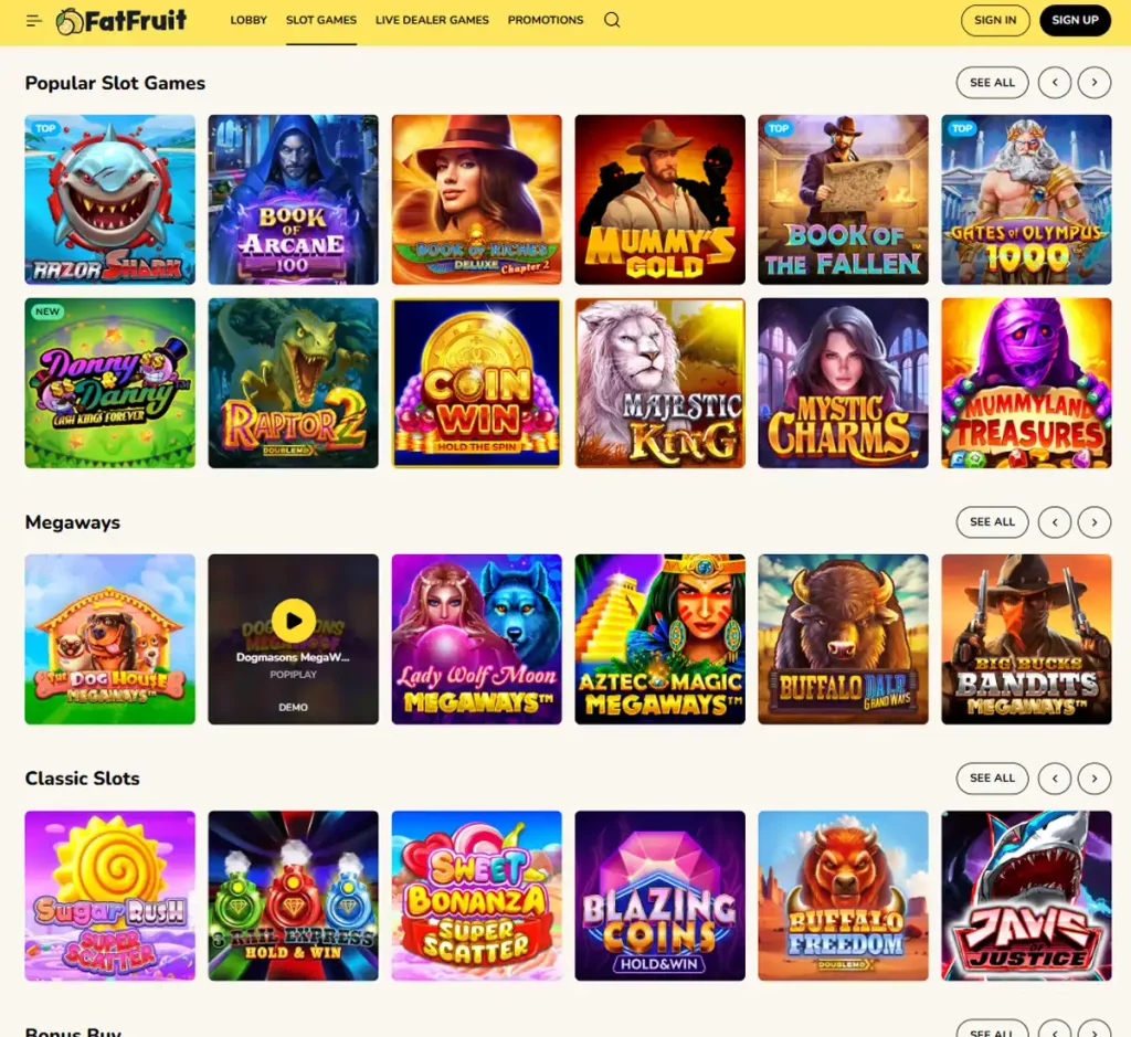FatFruit Casino desktop slot screenshot showing multiple slot categories, featured games and provider filters - tested FatFruit Casino desktop slot screenshot showing multiple slot categories, featured games and provider filters - tested