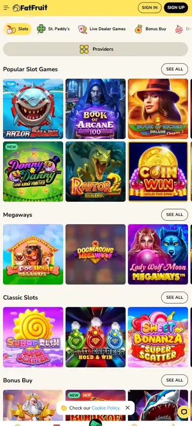 FatFruit Casino mobile slot screenshot displaying featured slots, categories and touch-optimized navigation - tested FatFruit Casino mobile slot screenshot displaying featured slots, categories and touch-optimized navigation - tested