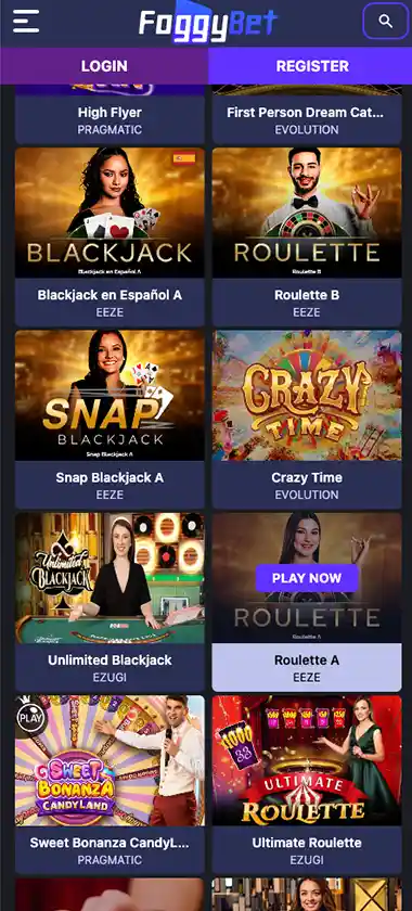 FoggyBet Casino mobile live casino games collection screenshot displaying available live tables, dealers and categories - tested