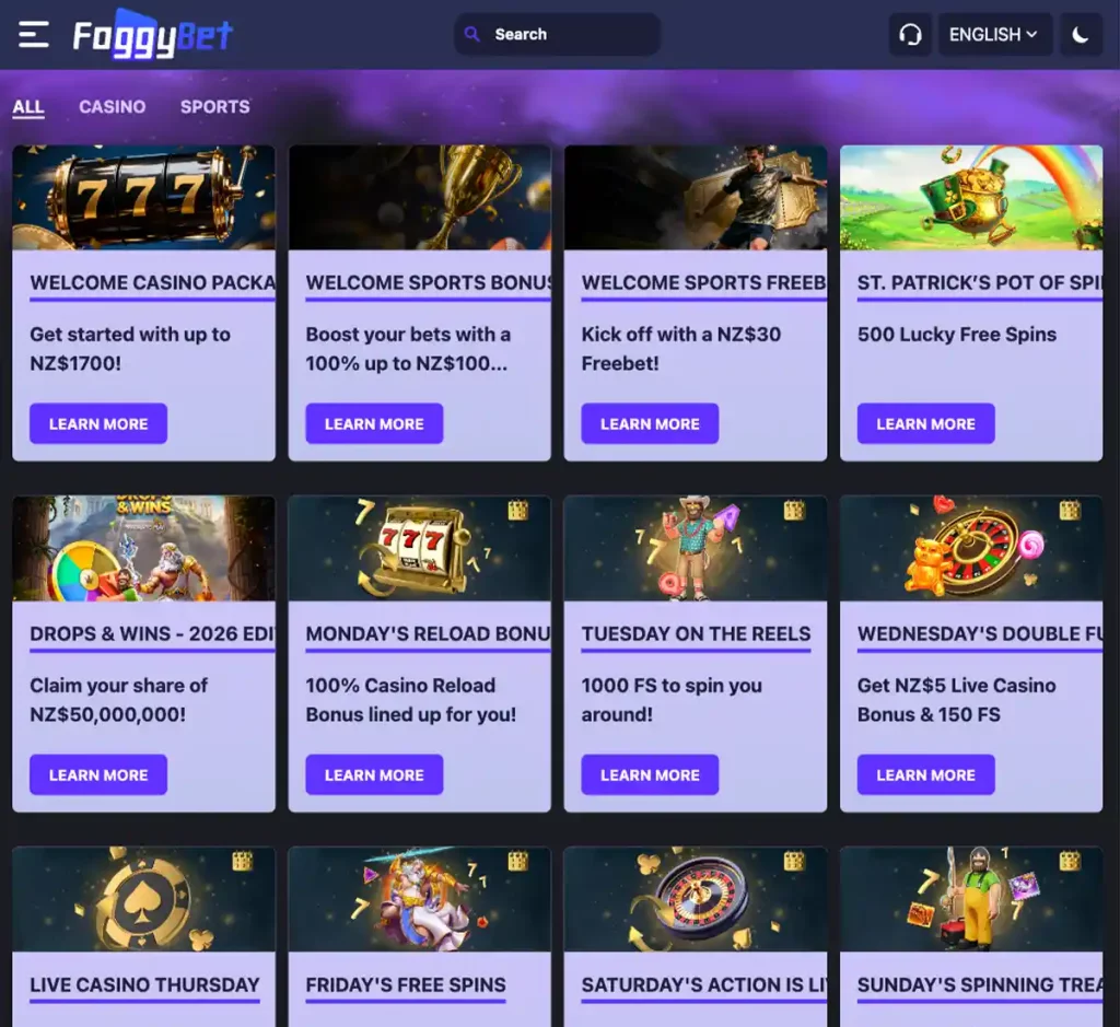 FoggyBet Casino desktop promotions page screenshot displaying bonus offers, promotional banners and claim buttons - tested