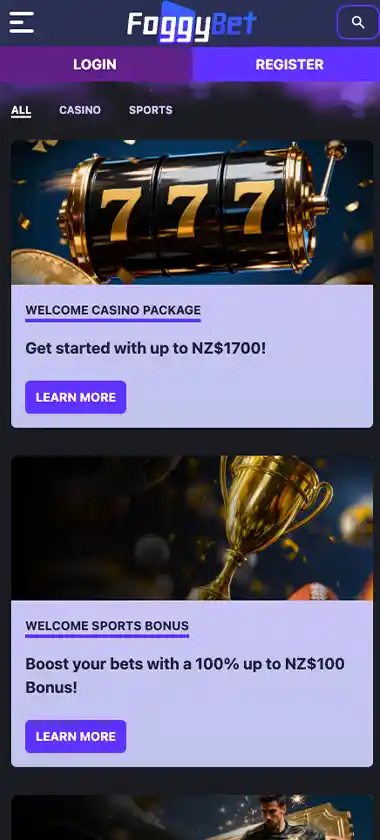 FoggyBet Casino mobile promotions page screenshot displaying bonus offers, promotional banners and terms - tested