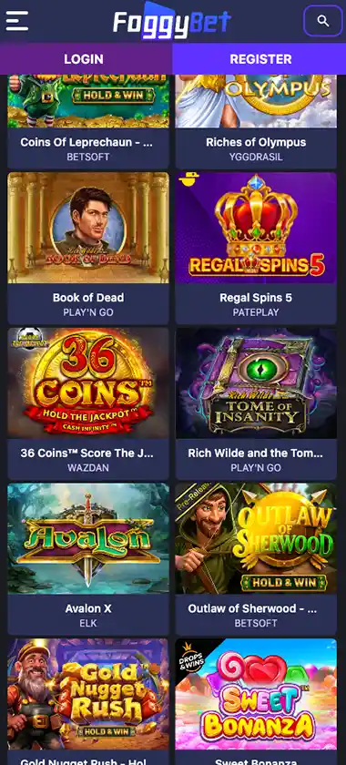 FoggyBet Casino mobile slots variety screenshot displaying featured slots, categories and touch-optimized navigation - tested