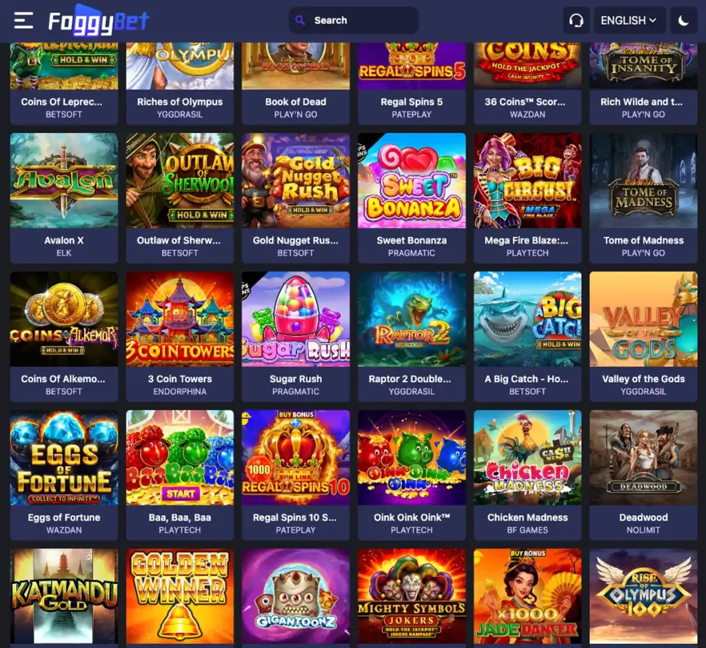 FoggyBet Casino desktop slots variety screenshot displaying featured slots, game categories and filtering options - tested