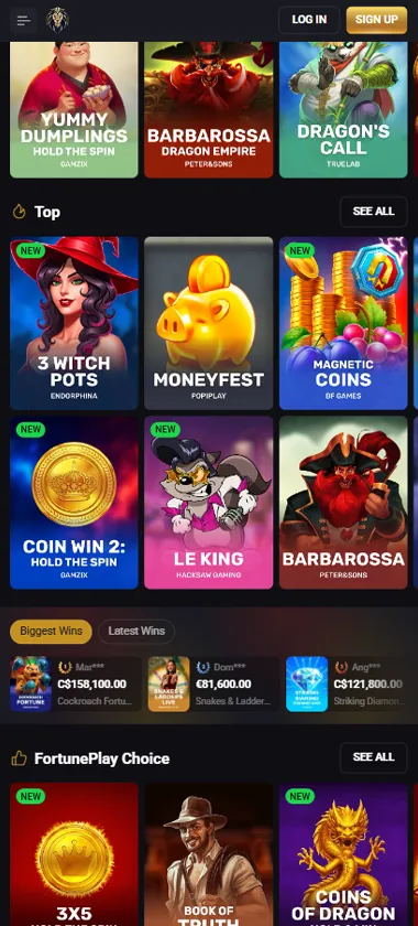 Fortune Play Casino mobile home page screenshot displaying main navigation, featured games and mobile-friendly interface - tested