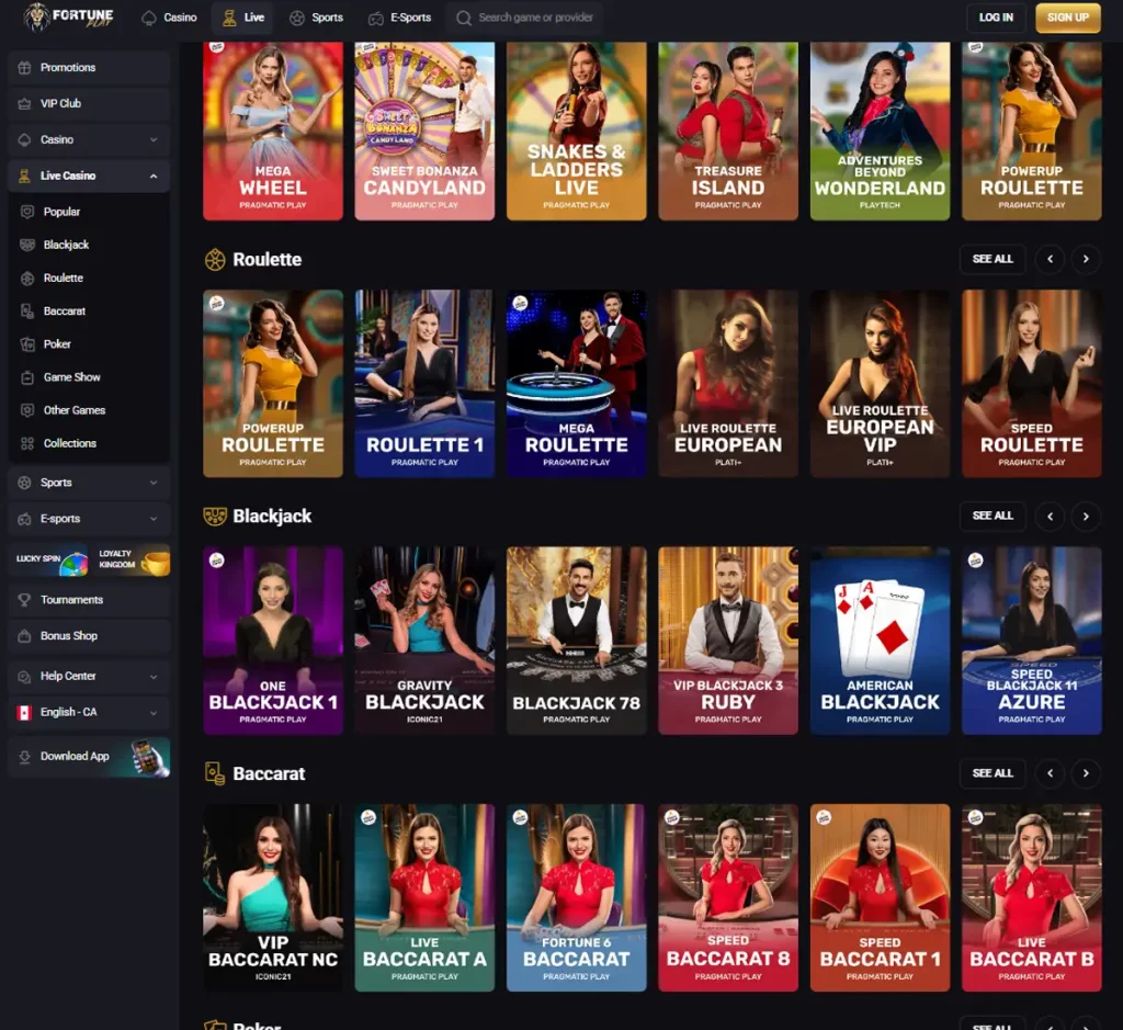 Fortune Play Casino desktop live dealer games collection screenshot showing roulette, blackjack and baccarat tables in lobby view - tested