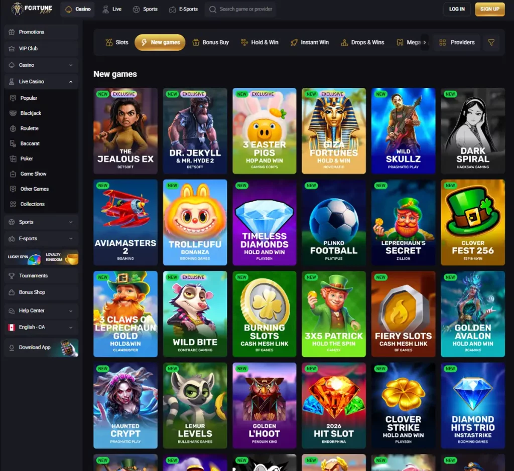 Fortune Play Casino desktop new games screenshot showing recently added titles and latest releases - tested