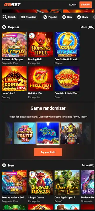 GGBet Casino mobile homepage screenshot displaying main navigation, featured games and promotional banners - tested GGBet Casino mobile homepage screenshot displaying main navigation, featured games and promotional banners - tested