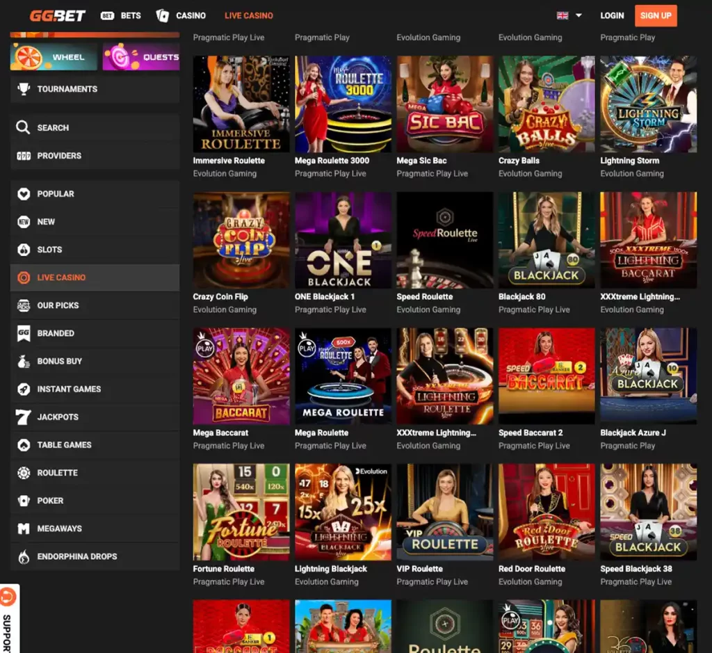 GGBet Casino desktop live casino games collection screenshot displaying available live tables and categories - tested