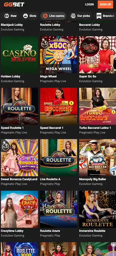 GGBet Casino mobile live casino games collection screenshot displaying available live tables and categories - tested GGBet Casino mobile live casino games collection screenshot displaying available live tables and categories - tested