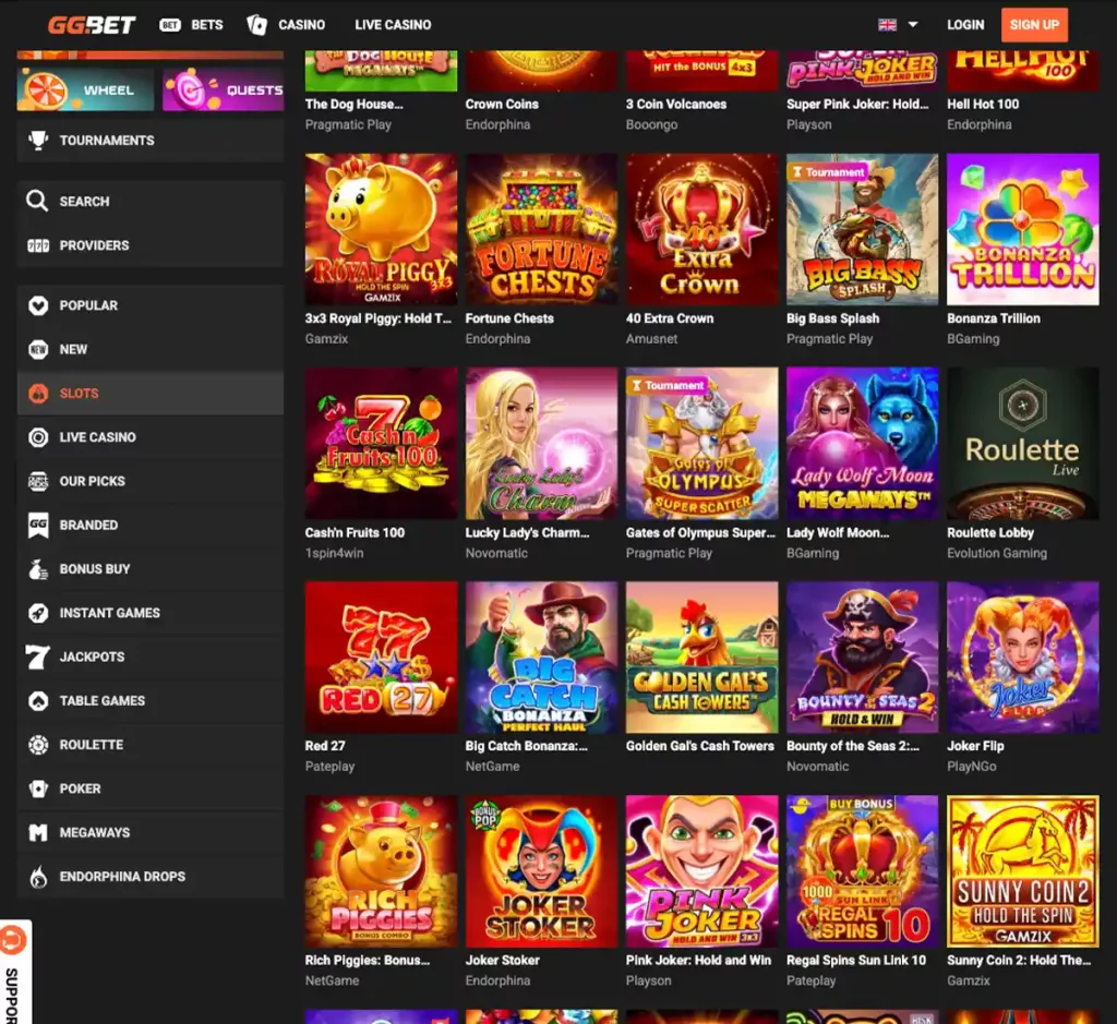 GGBet Casino desktop slots variety screenshot displaying featured slots, game categories and filtering options - tested