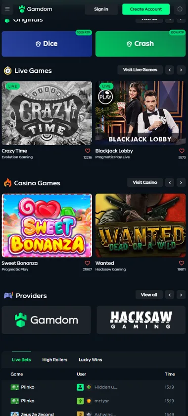 Gamdom Casino mobile home page screenshot displaying main navigation, featured games and mobile-friendly interface - tested