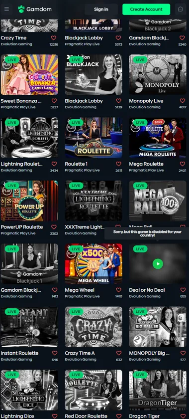 Gamdom Casino mobile live dealer games collection screenshot displaying available live tables and categories - tested