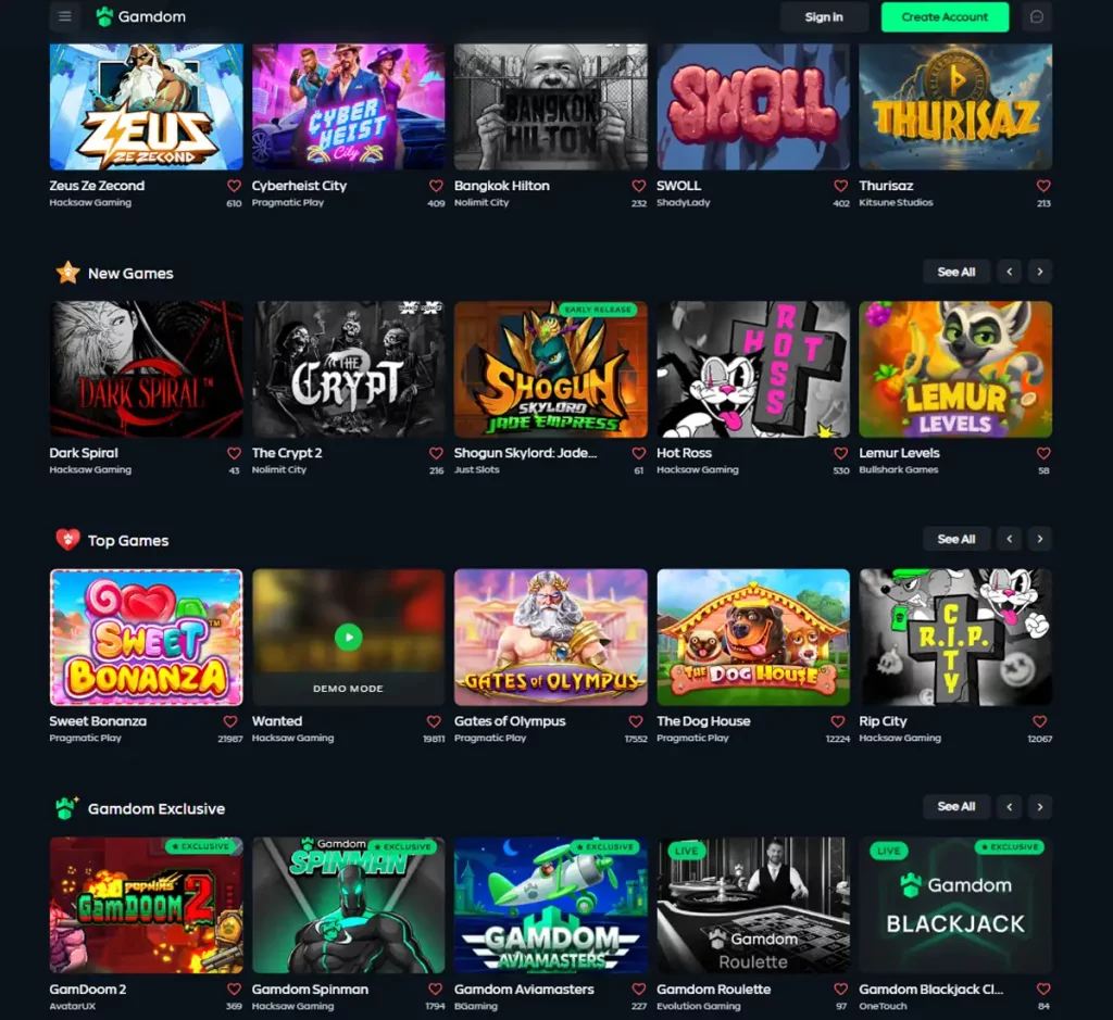 Gamdom Casino desktop lobby screenshot showing main navigation, featured games and game categories - tested
