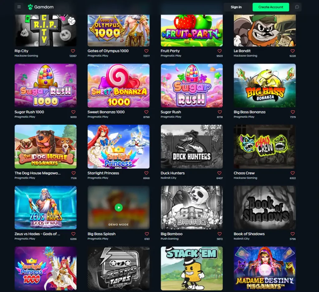 Gamdom Casino desktop slots variety screenshot showing multiple slot categories, featured games and provider filters - tested