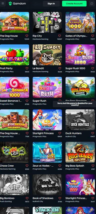 Gamdom Casino mobile slots variety screenshot displaying featured slots, categories and touch-optimized navigation - tested