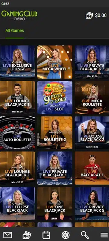 Gaming Club Casino mobile live dealer games collection screenshot displaying available live tables and categories - tested