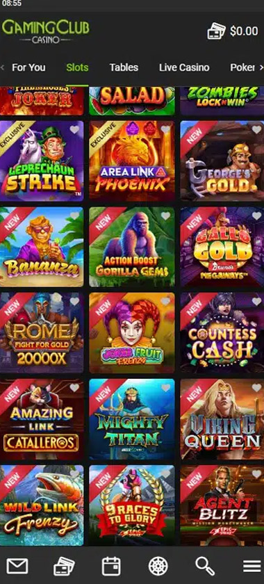 Gaming Club Casino mobile slots variety screenshot displaying featured slots, categories and touch-optimized navigation - tested