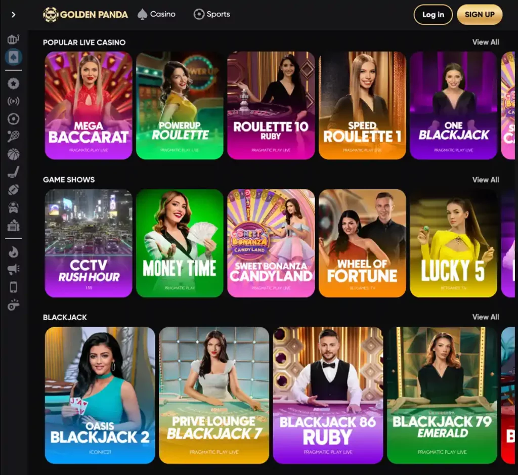Golden Panda Casino desktop live dealer games collection screenshot showing roulette, blackjack and baccarat tables in lobby view with categories and provider filters - tested
