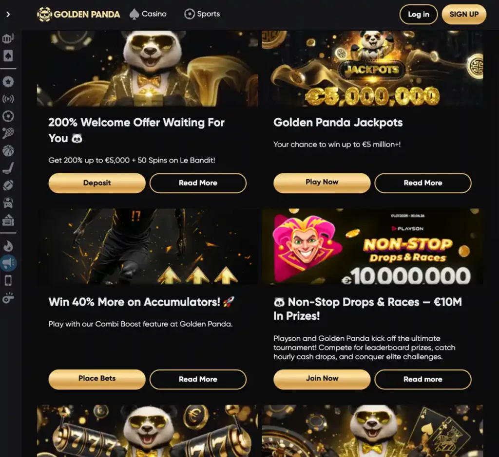 Golden Panda Casino desktop promotions screenshot showing promotional banners, bonus offers and claim instructions with categories and filter options - tested
