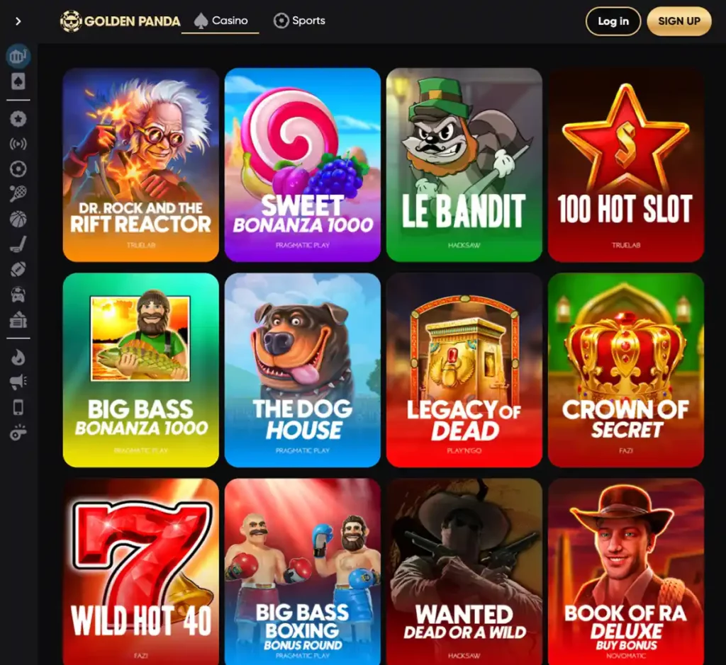 Golden Panda Casino desktop slots screenshot showing multiple slot categories, featured games and provider filters - tested