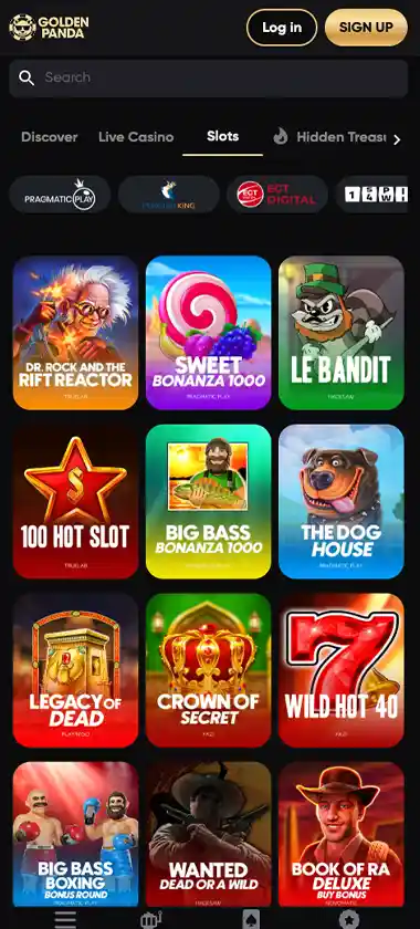 Golden Panda Casino mobile slots variety screenshot displaying featured slots, categories and touch-optimized navigation - tested