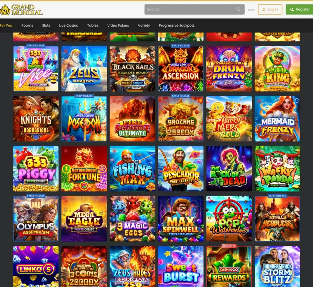 Grand Mondial Casino desktop home page screenshot showing main navigation, featured games and promotional banners - tested