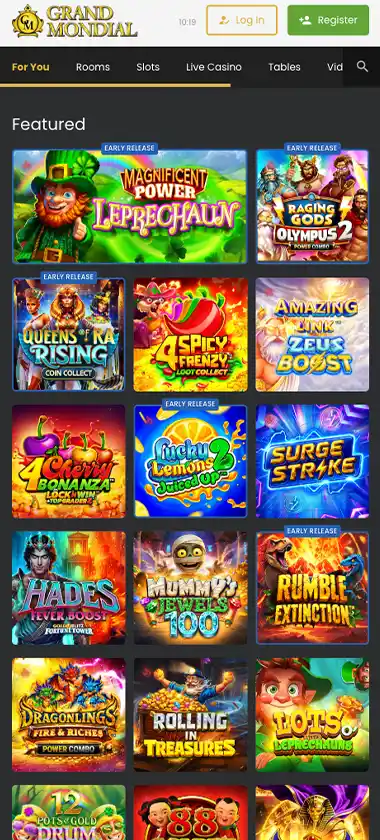 Grand Mondial Casino mobile home page screenshot displaying main navigation, featured games and mobile-friendly interface - tested