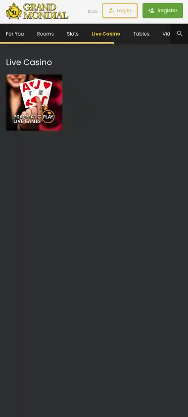 Grand Mondial Casino mobile live dealer games collection screenshot displaying available live tables and categories - tested