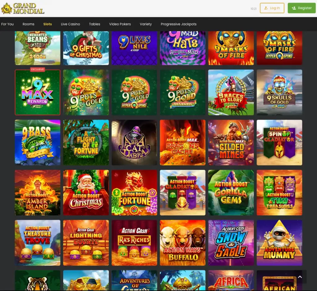 Grand Mondial Casino desktop slots variety screenshot showing multiple slot categories, featured games and provider filters - tested