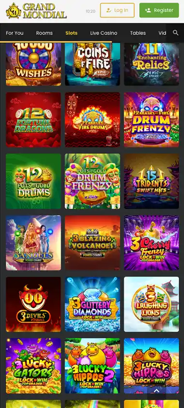 Grand Mondial Casino mobile slots variety screenshot displaying featured slots, categories and touch-optimized navigation - tested