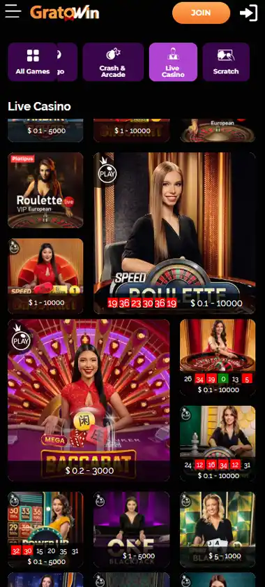 Gratowin Casino mobile live dealer games collection screenshot displaying available live tables and categories with mobile-friendly interface/navigation - tested