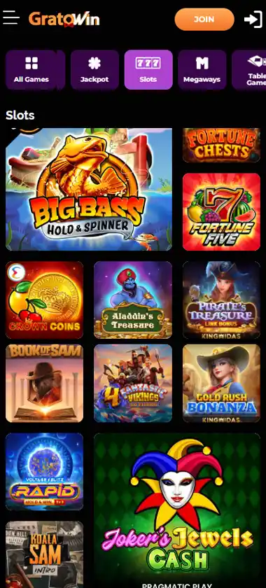 Gratowin Casino mobile slot screenshot displaying featured slots, categories and touch-optimized navigation - tested
