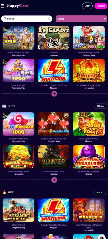 Happy Slots Casino mobile homepage screenshot displaying main navigation, featured games and mobile-friendly interface/navigation - tested