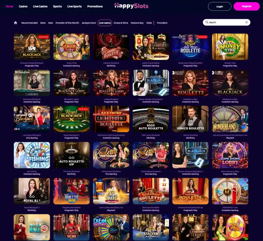 Happy Slots Casino desktop live dealer games collection screenshot showing roulette, blackjack and baccarat tables in lobby view with categories and provider filters - tested