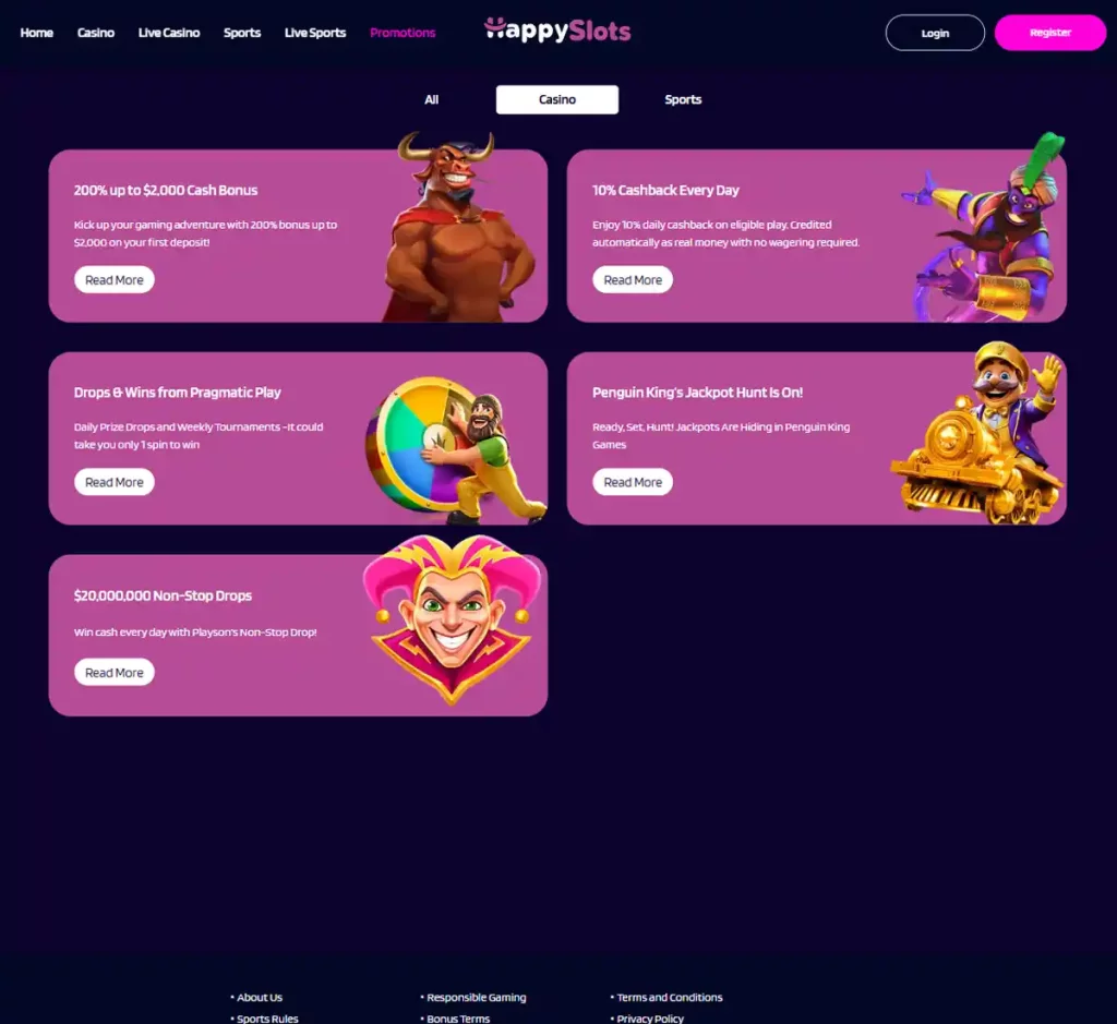 Happy Slots Casino desktop promotions screenshot showing promotional banners, bonus offers and claim instructions with categories and filter options - tested