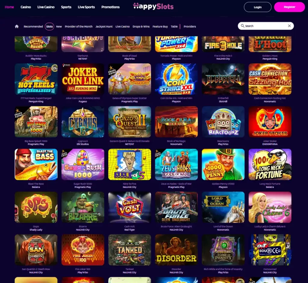 Happy Slots Casino desktop slot screenshot showing multiple slot categories, featured games and provider filters - tested
